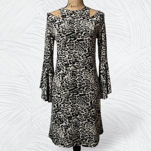 Cato Women’s Black/Grey Animal Print Cold Shoulder Bell Shift Dress • NWOT